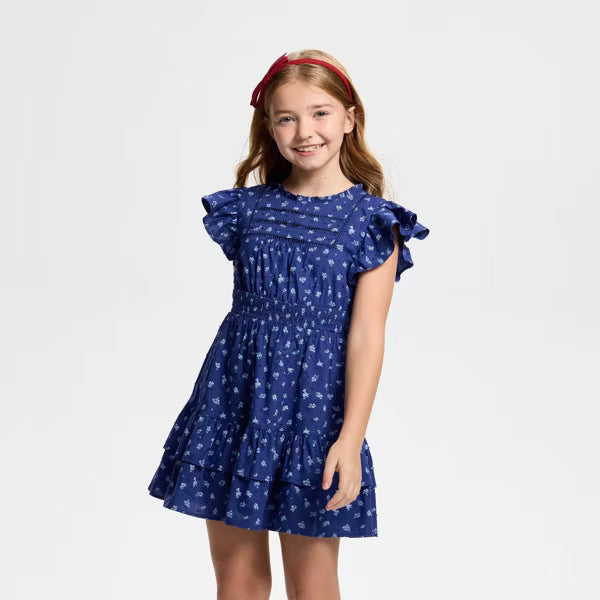 Vestido de manga corta con estampado floral y volantes para niña de Owillo® - Azul