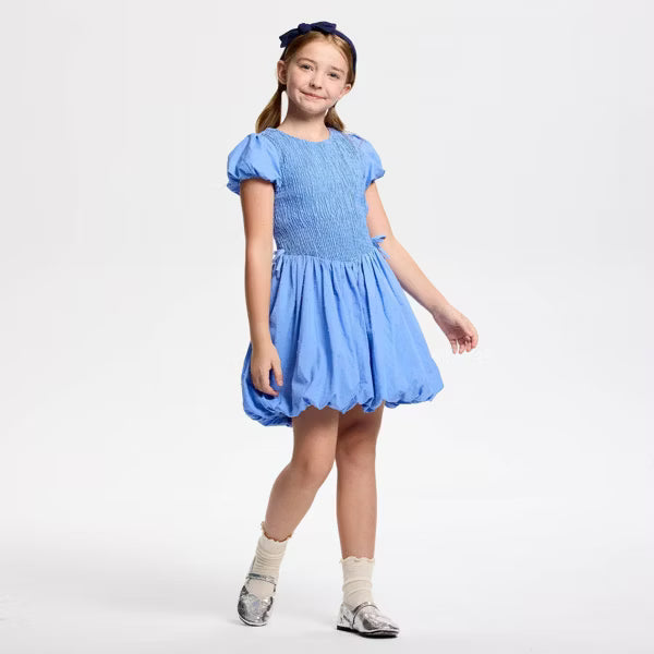Vestido de manga corta con escote fruncido y corte A de Owillo® para niña - Azul