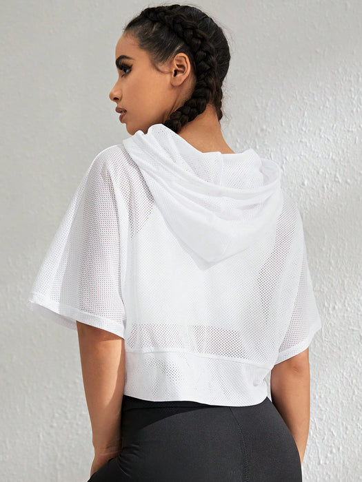 SHEIN Sport Camiseta deportiva con capucha y cordón ajustable de manga murciélago sin sujetador para gimnasio