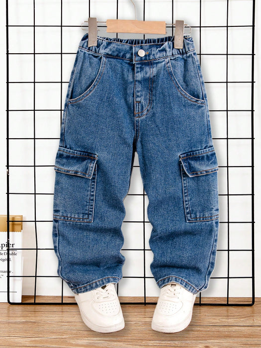 SHEIN Pantalones vaqueros cargo Genkimix Kids para niño, corte holgado, pierna recta y costuras en contraste