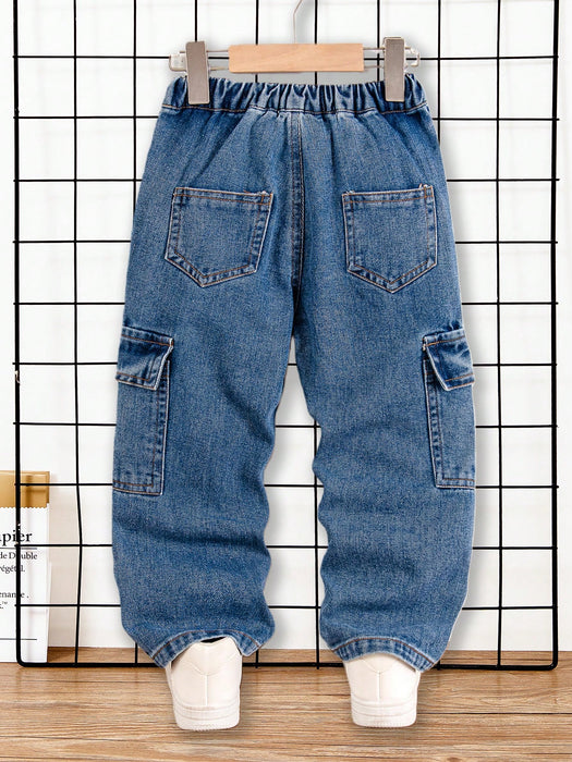 SHEIN Pantalones vaqueros cargo Genkimix Kids para niño, corte holgado, pierna recta y costuras en contraste