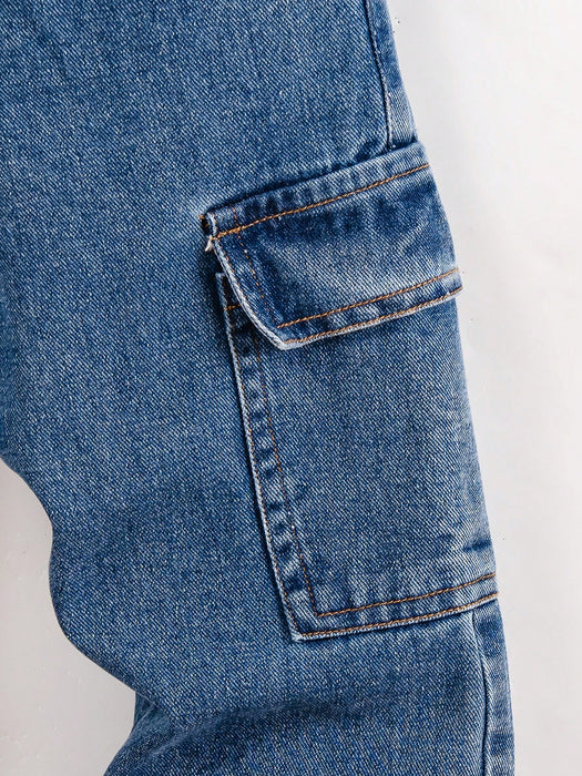 SHEIN Pantalones vaqueros cargo Genkimix Kids para niño, corte holgado, pierna recta y costuras en contraste