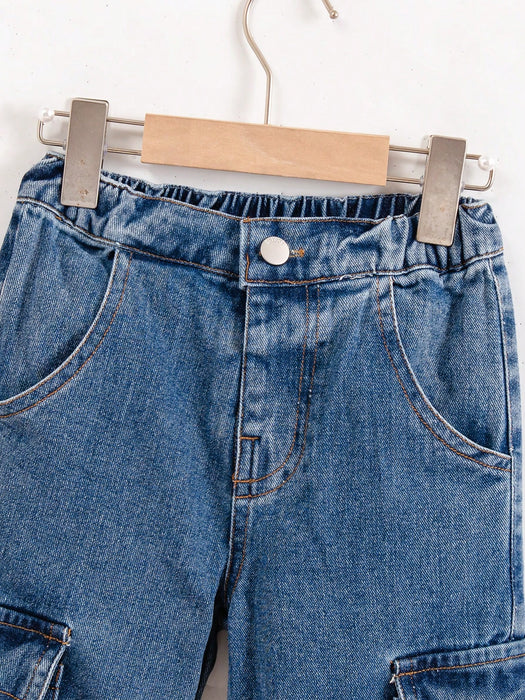SHEIN Pantalones vaqueros cargo Genkimix Kids para niño, corte holgado, pierna recta y costuras en contraste