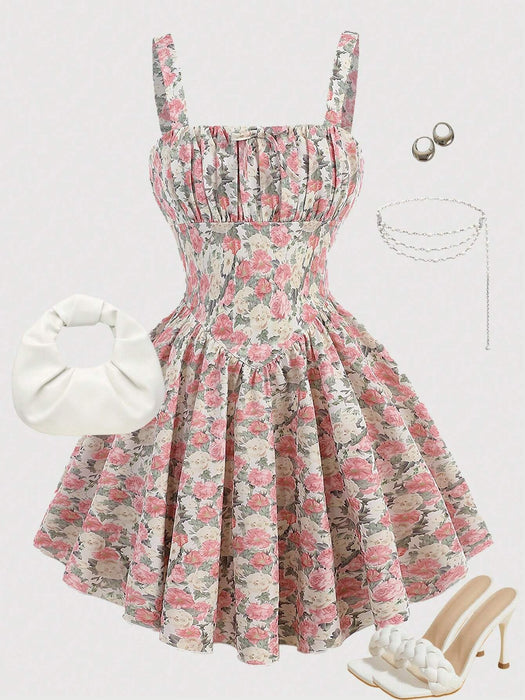 SHEIN Girlism Vestido rosa con estampado floral y escote fruncido para niñas preadolescentes