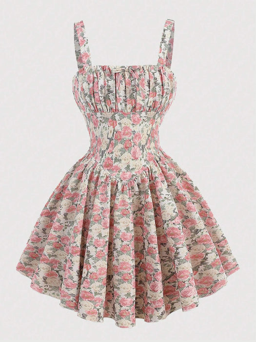 SHEIN Girlism Vestido rosa con estampado floral y escote fruncido para niñas preadolescentes