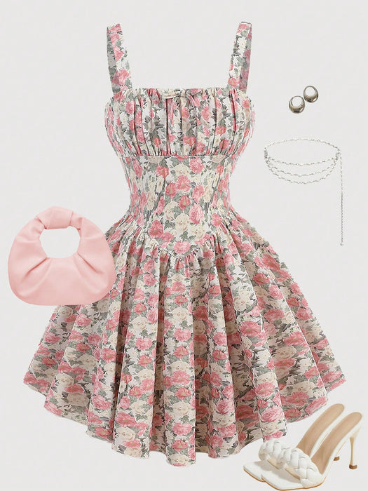 SHEIN Girlism Vestido rosa con estampado floral y escote fruncido para niñas preadolescentes