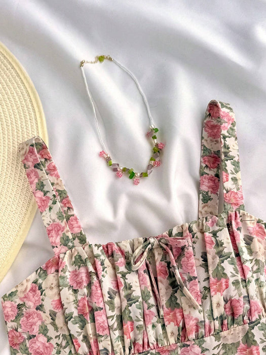 SHEIN Girlism Vestido rosa con estampado floral y escote fruncido para niñas preadolescentes
