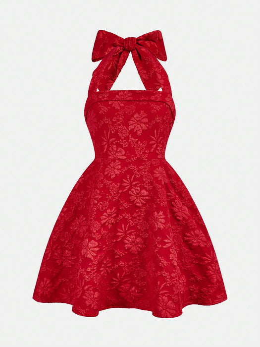 SHEIN Girlism Vestido elegante de jacquard rojo con lazo y cuello halter para niñas