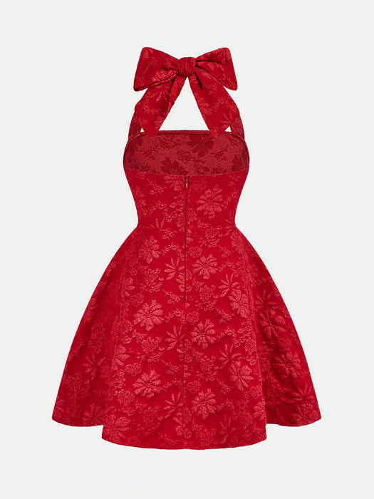 SHEIN Girlism Vestido elegante de jacquard rojo con lazo y cuello halter para niñas