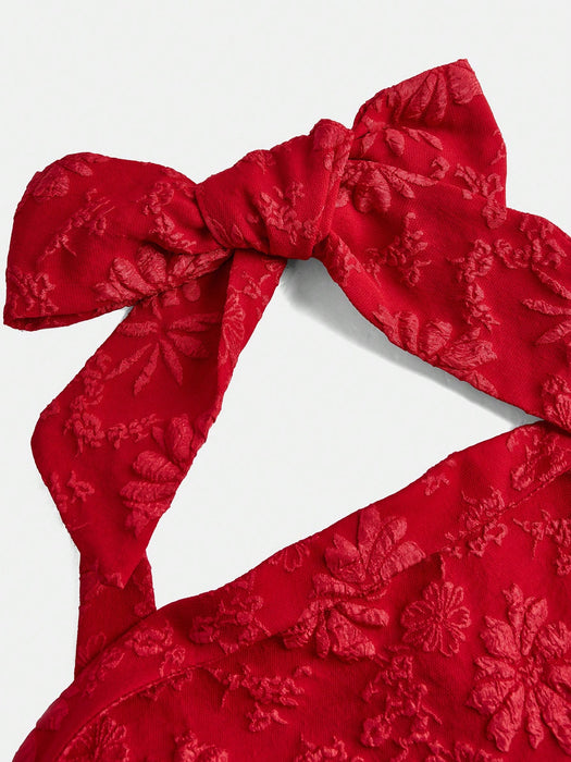 SHEIN Girlism Vestido elegante de jacquard rojo con lazo y cuello halter para niñas