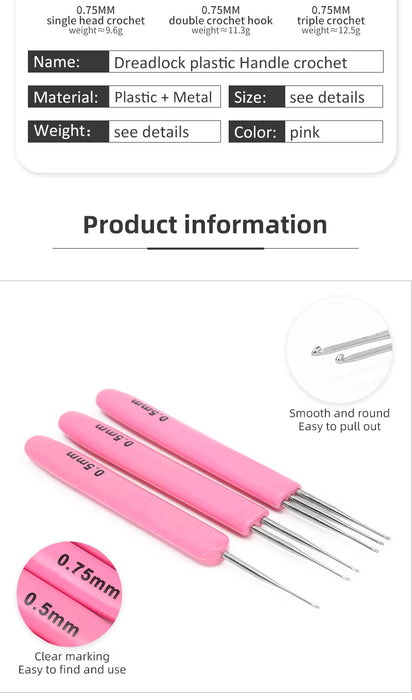 Aguja de ganchillo para rastas con mango de plástico JP de 3 ganchos, herramienta para tejer, de 0,5 a 0,75 mm, para cabello