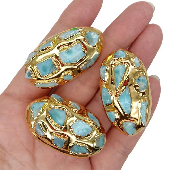 5 uds. Cuentas chapadas en oro de piedra Larimar azul Natural para mujer, joyería de 24x44mm