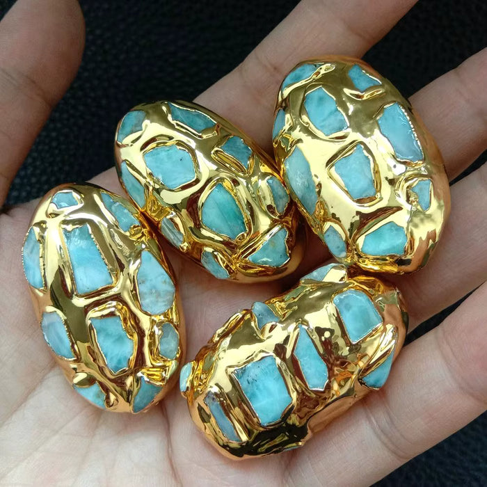 5 uds. Cuentas chapadas en oro de piedra Larimar azul Natural para mujer, joyería de 24x44mm