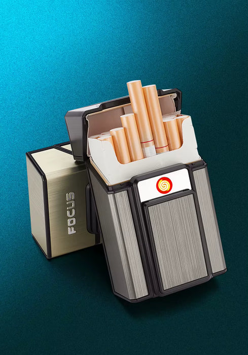Caja de cigarrillos Firetric Focus de 20 ranuras con encendedor pirotécnico - JD-YH071 - Plateada