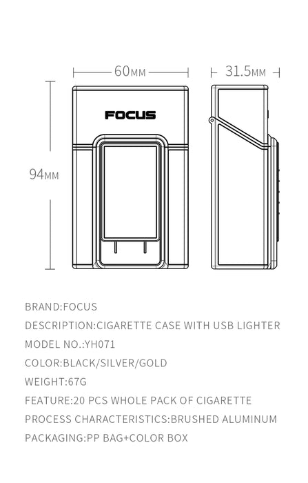 Caja de cigarrillos Firetric Focus de 20 ranuras con encendedor pirotécnico - JD-YH071 - Plateada