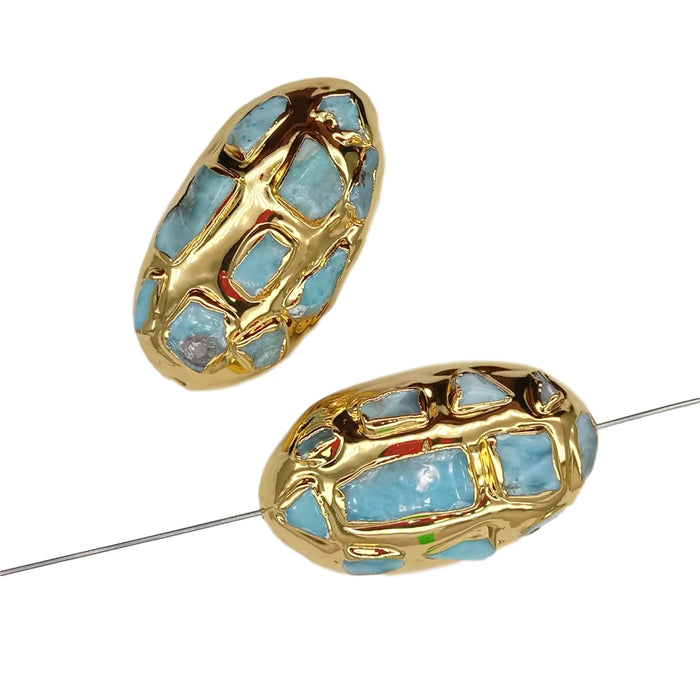 5 uds. Cuentas chapadas en oro de piedra Larimar azul Natural para mujer, joyería de 24x44mm