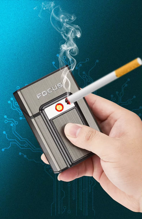 Caja de cigarrillos Firetric Focus de 20 ranuras con encendedor pirotécnico - JD-YH071 - Plateada