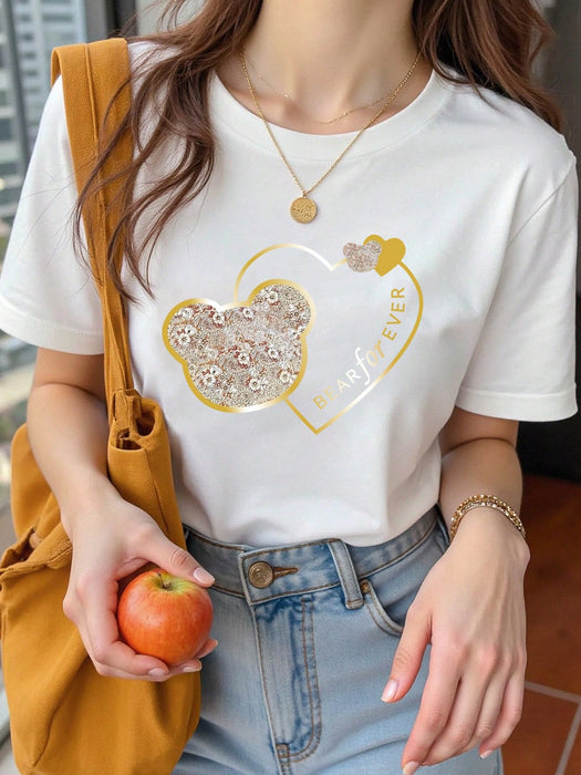 INAWLY Camiseta de mujer, estampado gráfico y detalles de perlas falsas