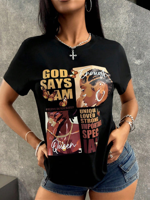 SHEIN INAWLY Camiseta de mujer de manga corta con impresión de retrato y lema