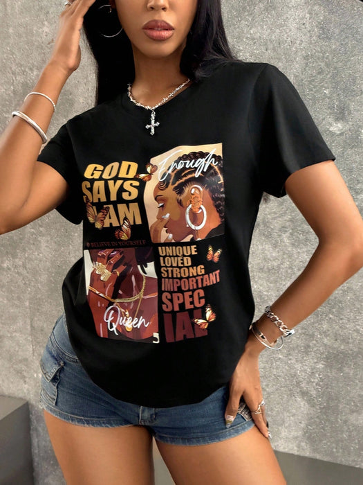 SHEIN INAWLY Camiseta de mujer de manga corta con impresión de retrato y lema