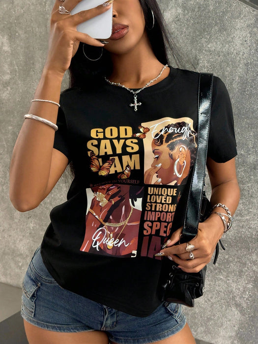 SHEIN INAWLY Camiseta de mujer de manga corta con impresión de retrato y lema