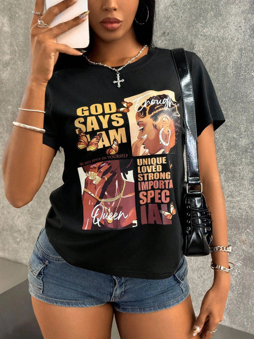 SHEIN INAWLY Camiseta de mujer de manga corta con impresión de retrato y lema