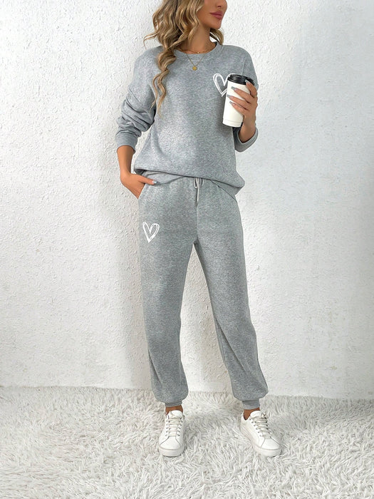 SHEIN INAWLY Pantalones deportivos con sudadera con estampado de corazón