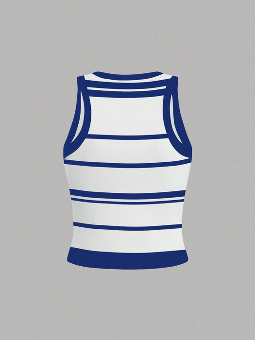 SHEIN INAWLY Camiseta de tirantes informal de cuello redondo con estampado de lazo y rayas para mujer