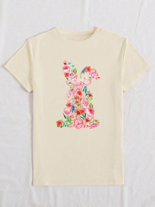 SHEIN Camiseta informal de manga corta con cuello redondo y estampado floral