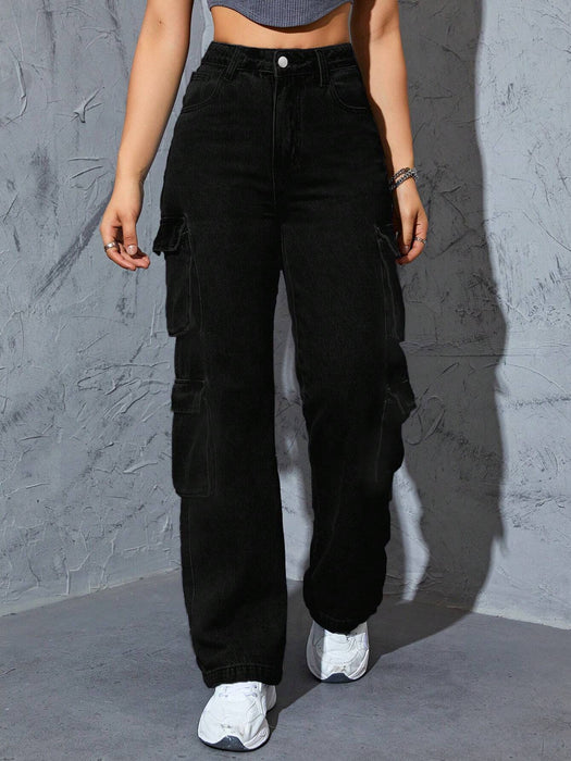SHEIN Jeans cargo casuales negros con bolsillos laterales y solapa para primavera