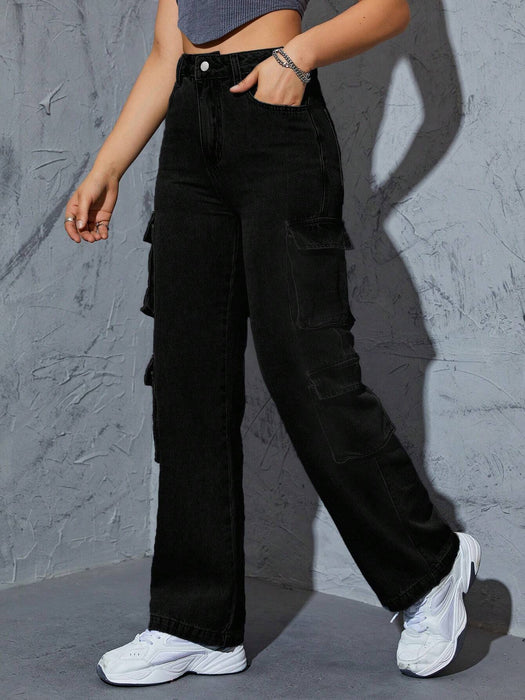 SHEIN Jeans cargo casuales negros con bolsillos laterales y solapa para primavera