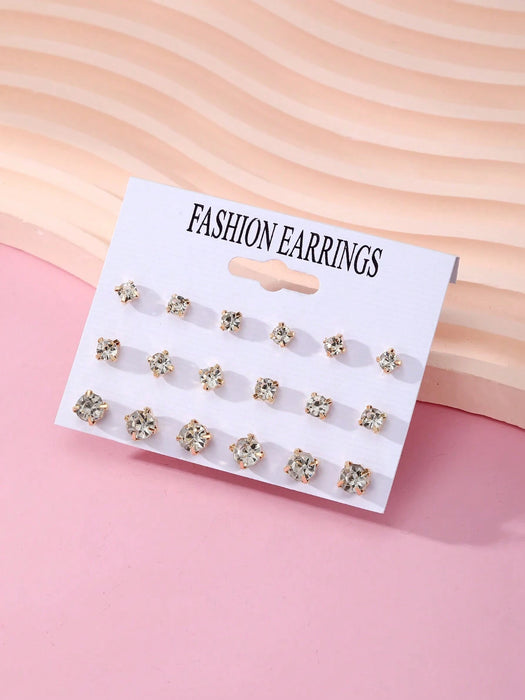 SHEIN Juego De 18 Pendientes Simples Y Versátiles Con Diamantes De Imitación