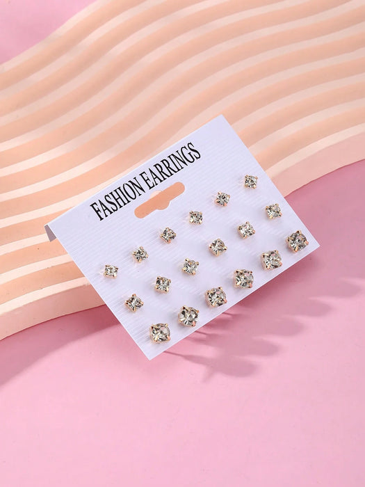 SHEIN Juego De 18 Pendientes Simples Y Versátiles Con Diamantes De Imitación