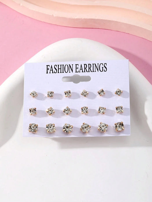 SHEIN Juego De 18 Pendientes Simples Y Versátiles Con Diamantes De Imitación