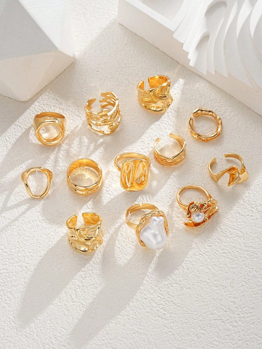 Juego de 12 piezas de anillos metálicos texturados de múltiples capas