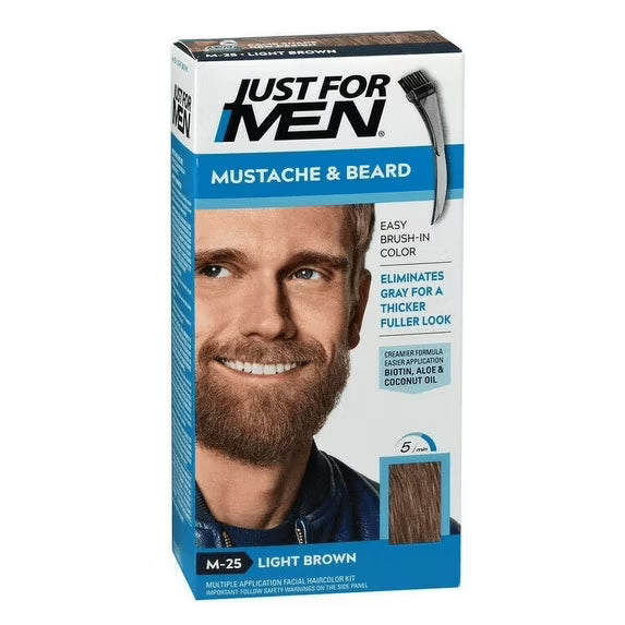 Kit para bigote y barba Just For Men, tinte para barba para hombres con pincel incluido, marrón claro.