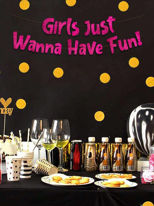 Pancarta rosa neón con purpurina "Just Wanna Have Fun"