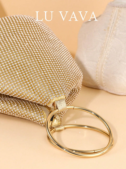 SHEIN LU VAVA Bolso de mano con base de aluminio brillante y detalles de cristal tejido en color dorado
