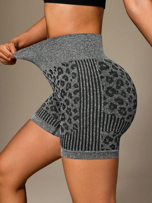 SHEIN Pantalón corto deportivo sin costuras de talle alto con estampado de leopardo