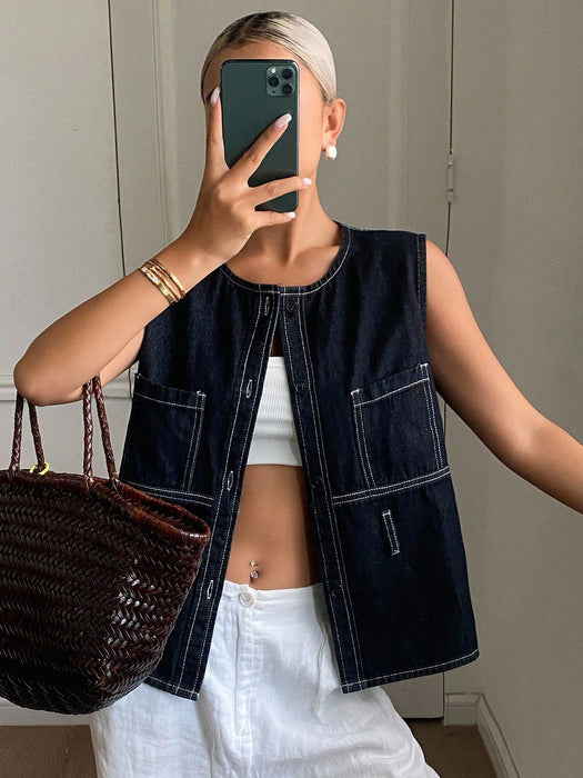 SHEIN Livesso Blusa de mujer de verano sin mangas con cuello redondo de denim