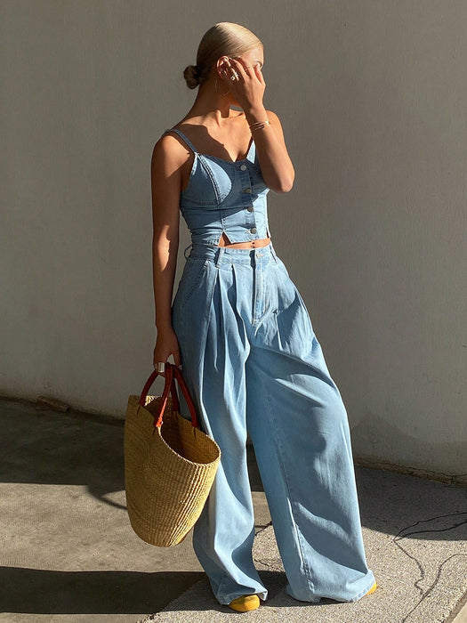 SHEIN Livesso Conjunto de 2 piezas de top de tirantes de mezclilla y pantalones