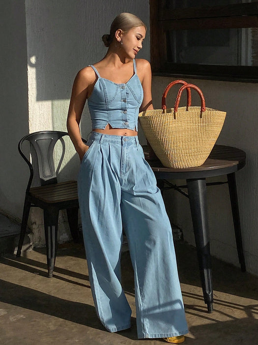 SHEIN Livesso Conjunto de 2 piezas de top de tirantes de mezclilla y pantalones