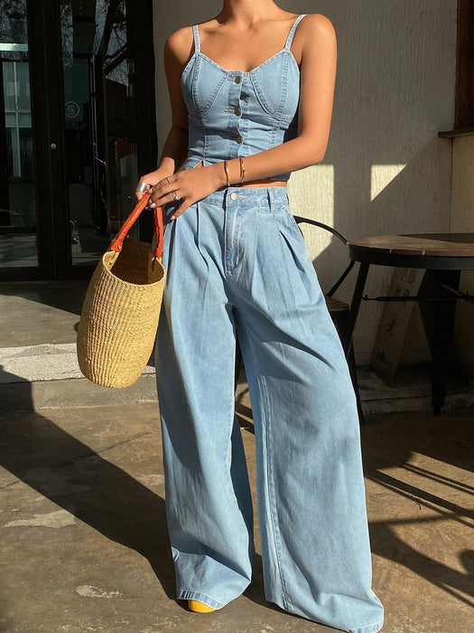 SHEIN Livesso Conjunto de 2 piezas de top de tirantes de mezclilla y pantalones