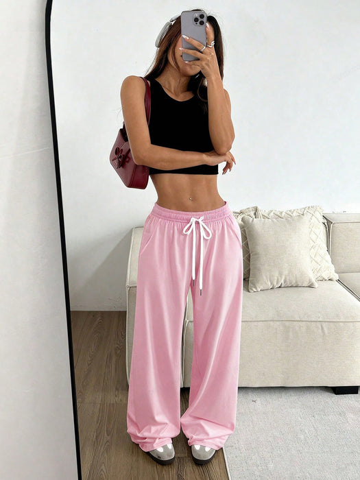 SHEIN Pantalón casual de pierna ancha con cordón ajustable y corte holgado, para mujeres