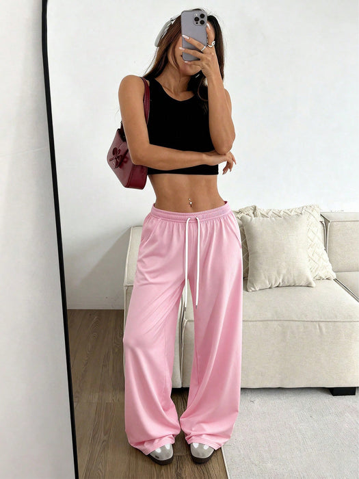 SHEIN Pantalón casual de pierna ancha con cordón ajustable y corte holgado, para mujeres