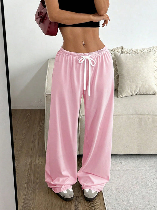 SHEIN Pantalón casual de pierna ancha con cordón ajustable y corte holgado, para mujeres