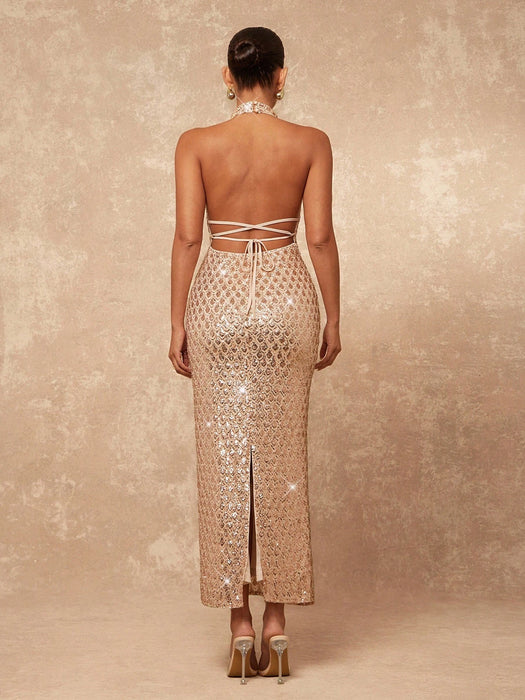 SHEIN Lumalex Gold Vestido de noche con lentejuelas, y espalda descubierta para mujer