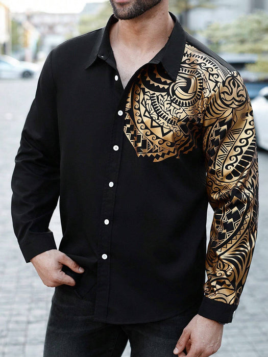 Camisa casual de manga larga estampada para hombre con cierre de botones frontales