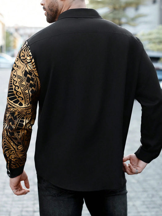 Camisa casual de manga larga estampada para hombre con cierre de botones frontales