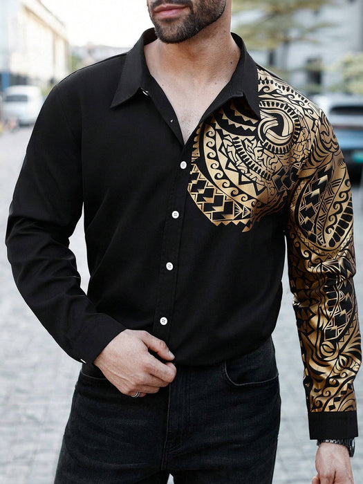 Camisa casual de manga larga estampada para hombre con cierre de botones frontales